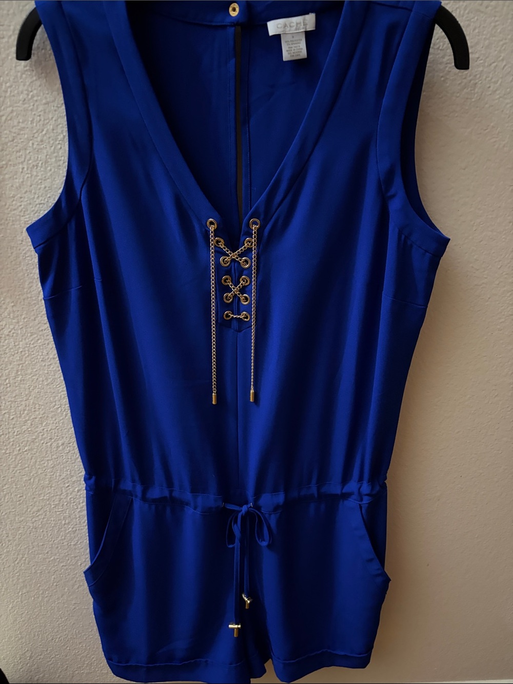 Cache Royal Blue Sleeveless Gold Chain Lace-Up  One Piece Shorts Romper